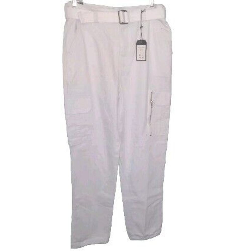 NWT Trust Womens White Cargo Pant 32 X32 Belt Drawstring Hem Coastal Streetwear